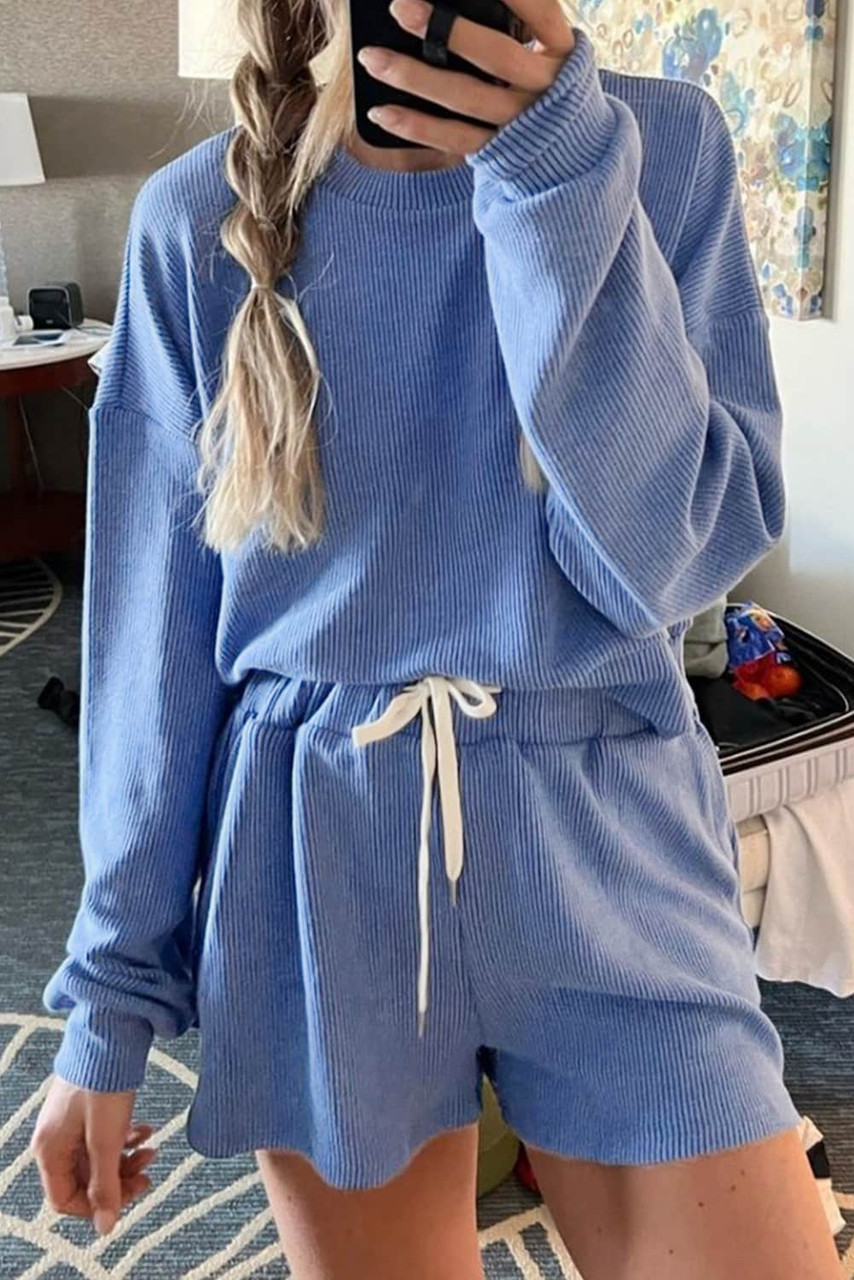 Blue Ribbed Texture Pullover and Drawstring Shorts Lounge Set