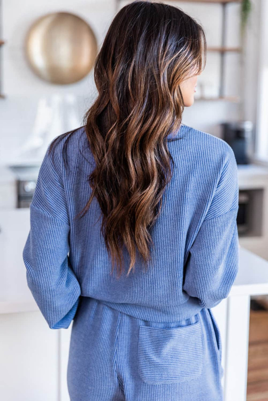 Blue Ribbed Texture Pullover and Drawstring Shorts Lounge Set