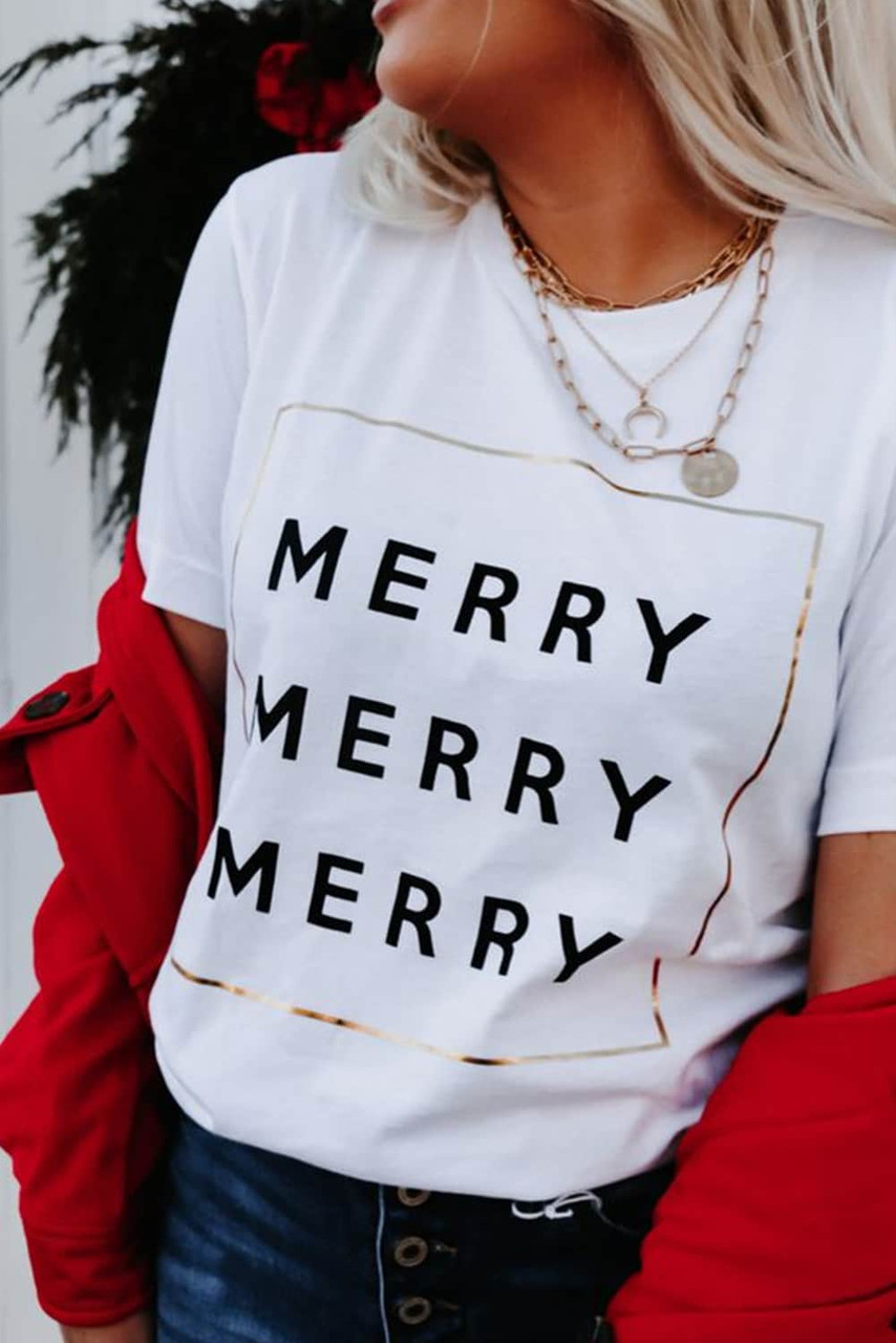 White Triple Merry Graphic Print T Shirt