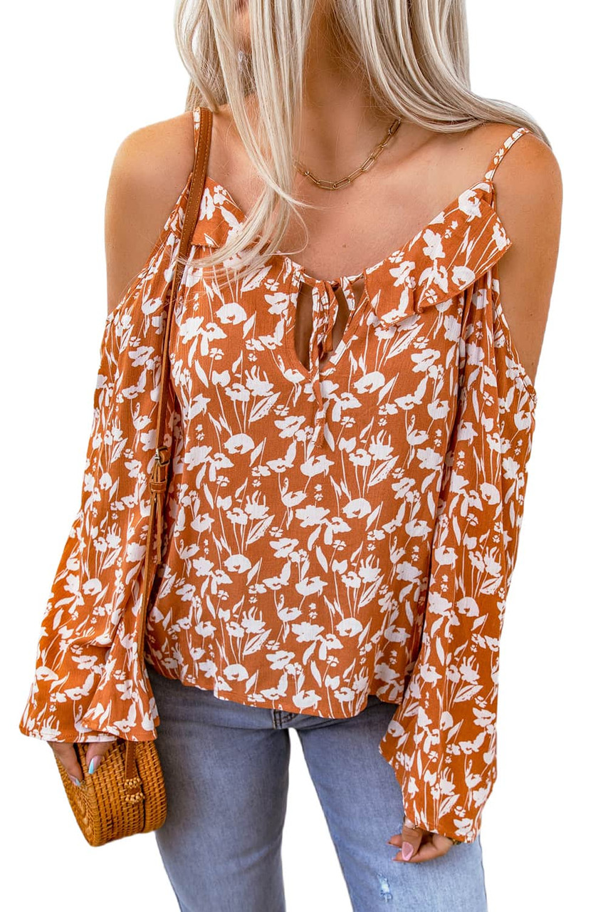 Orange Tie Neck Cold Shoulder Flare Sleeve Floral Blouse