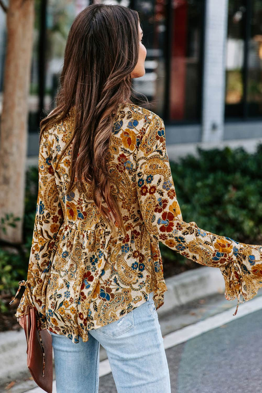 Multicolor Floral Printed Front Tie V Neck Blouse