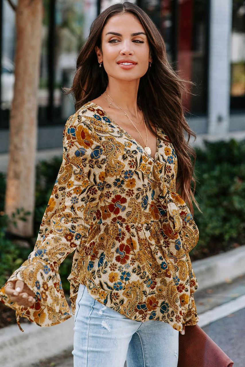 Multicolor Floral Printed Front Tie V Neck Blouse