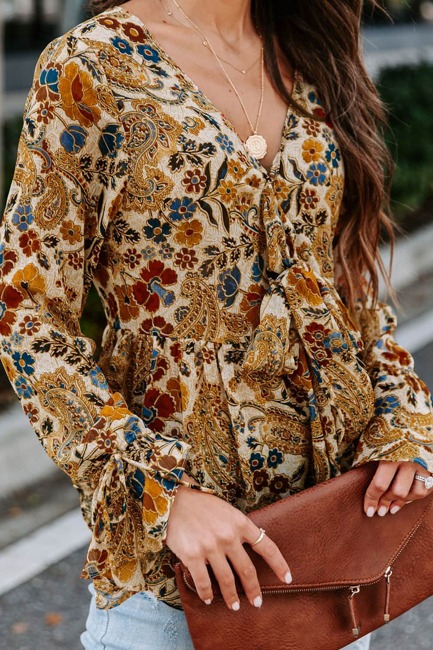 Multicolor Floral Printed Front Tie V Neck Blouse