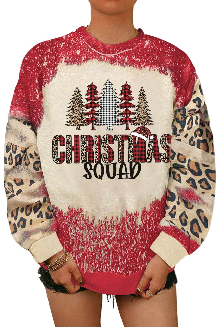 Red Christmas Tree Leopard Bleached Print Pullover Sweatshirt