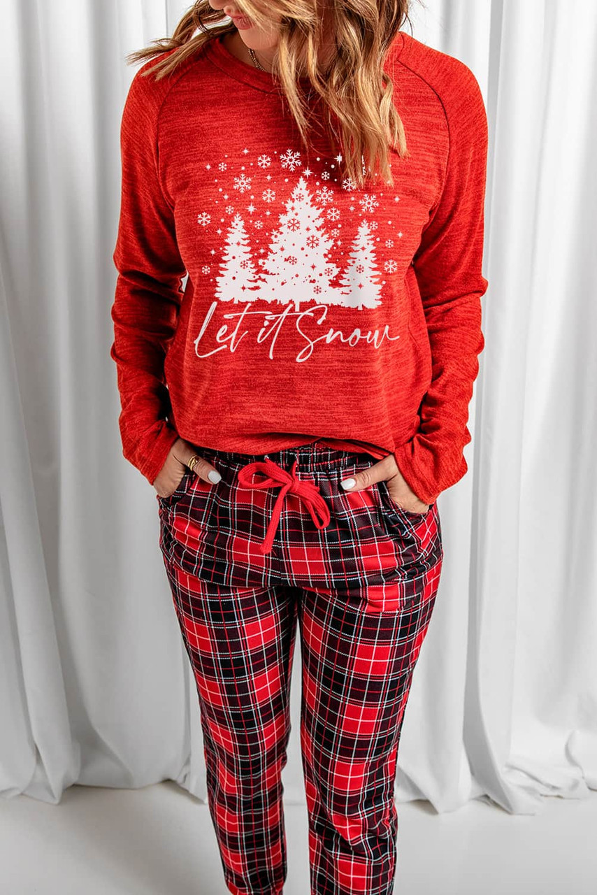 Red Let It Snow Christmas Plaid 2pcs Loungewear