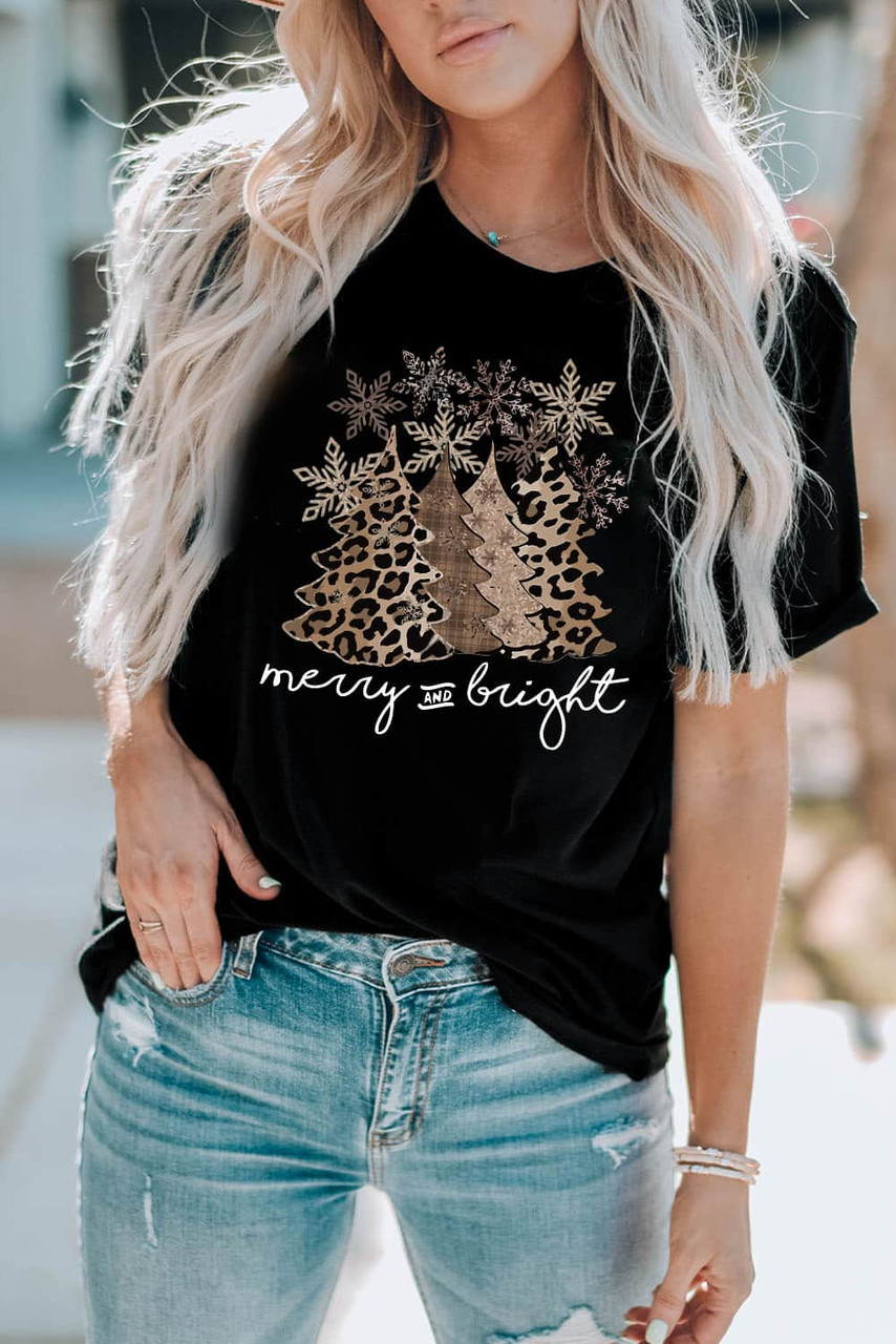 Black Leopard Christmas Tree Graphic Print Crew Neck T Shirt