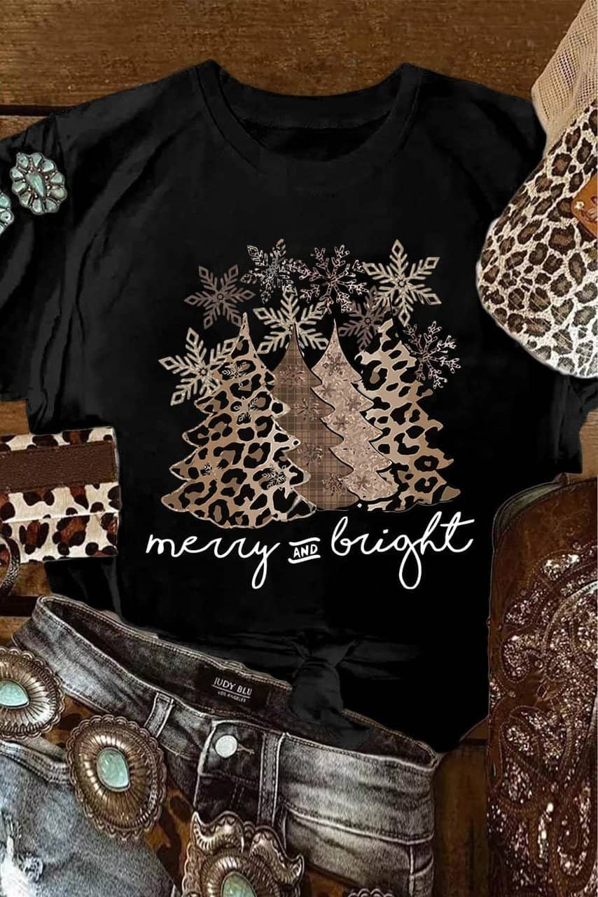 Black Leopard Christmas Tree Graphic Print Crew Neck T Shirt