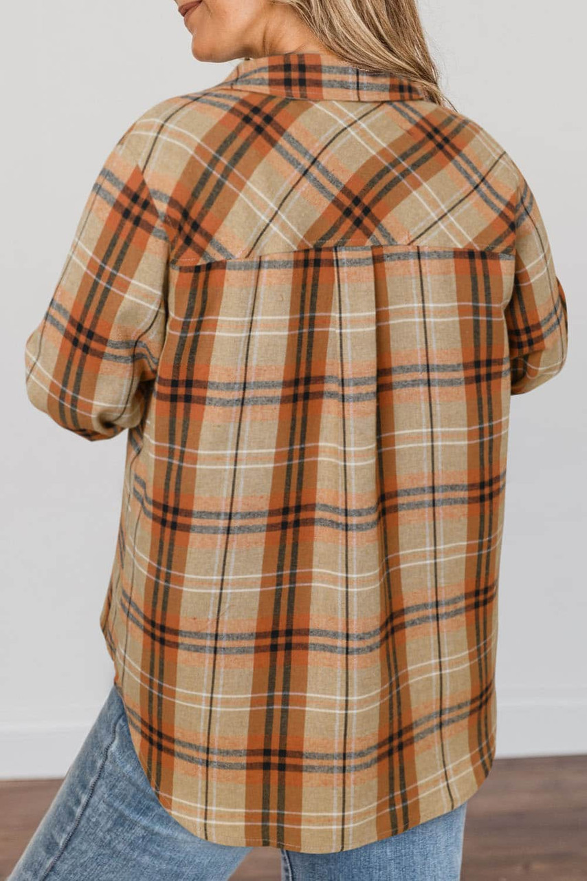 Orange Plus Size Buttons Plaid Pattern Shirt