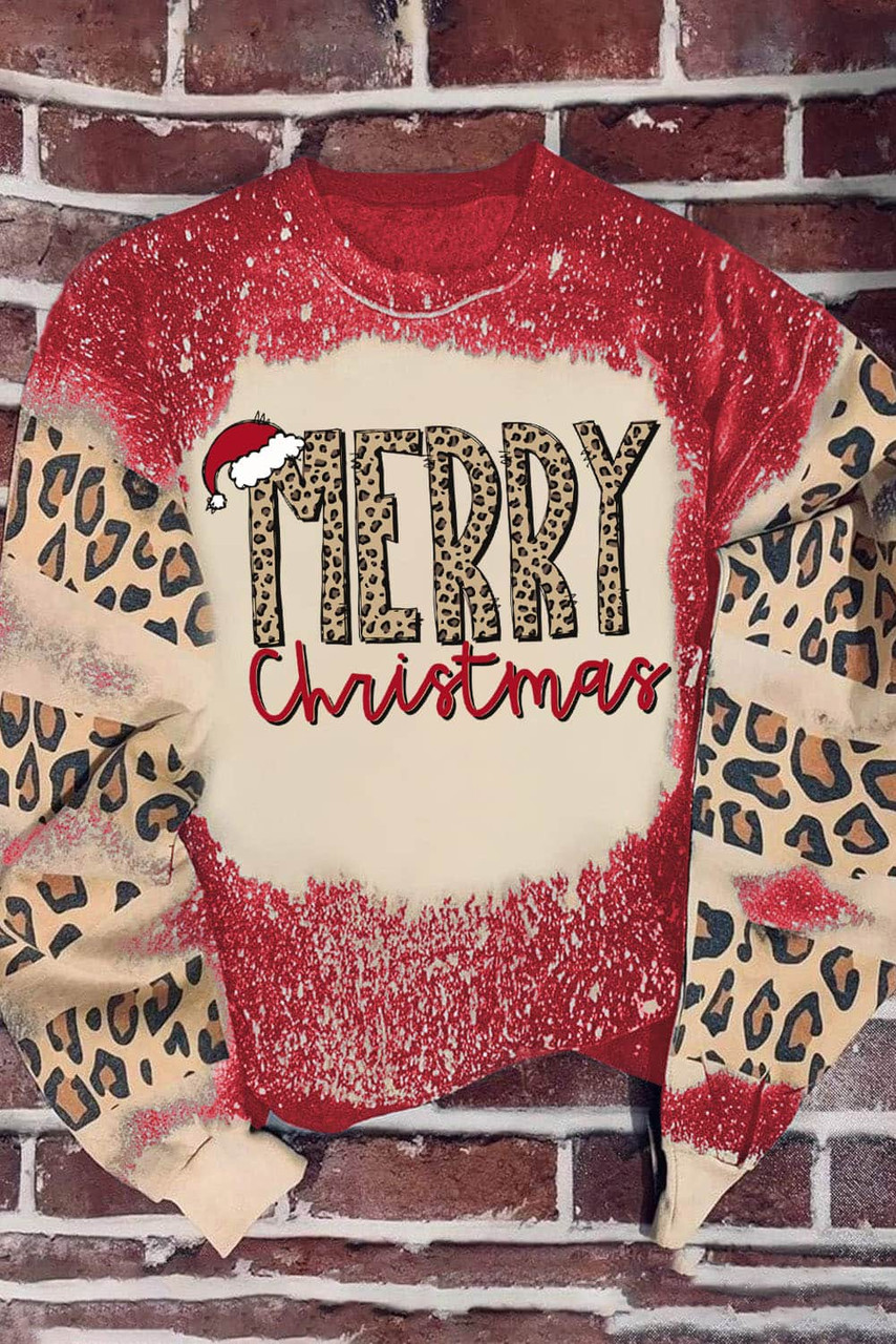 Red MERRY Christmas Leopard Color Block Sweatshirt
