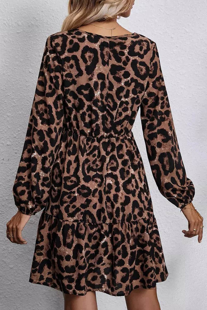 Leopard Ruffled Elastic Cuff Mini Dress