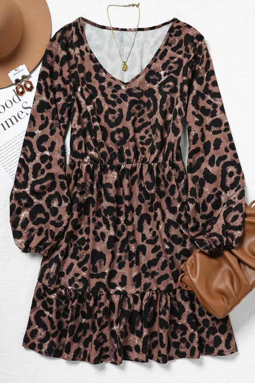 Leopard Ruffled Elastic Cuff Mini Dress