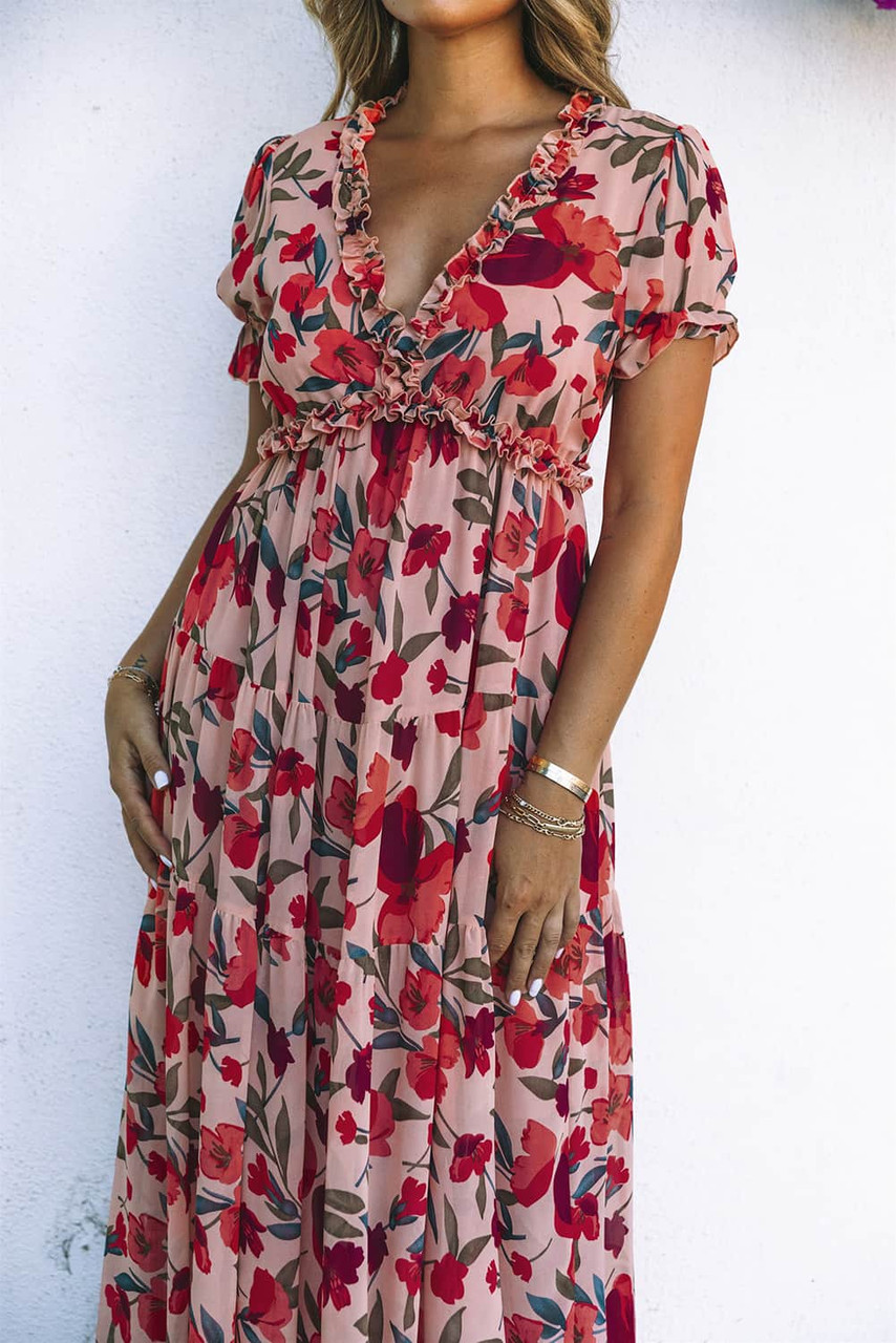 Red Floral Print Frilled V Neck Short Sleeve Maxi Dress