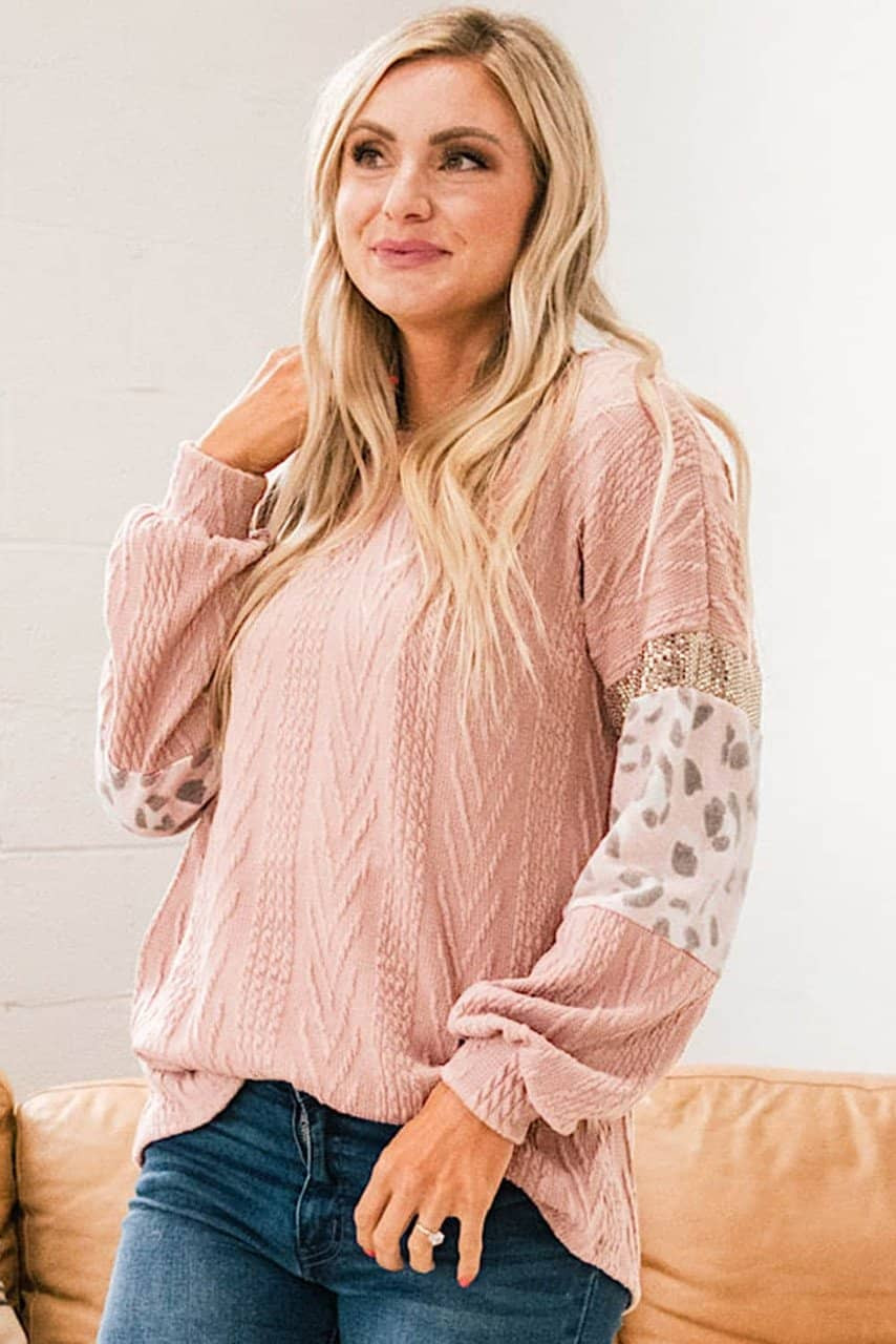 Pink Leopard Sequin Splicing Sleeves Textured Knit Top