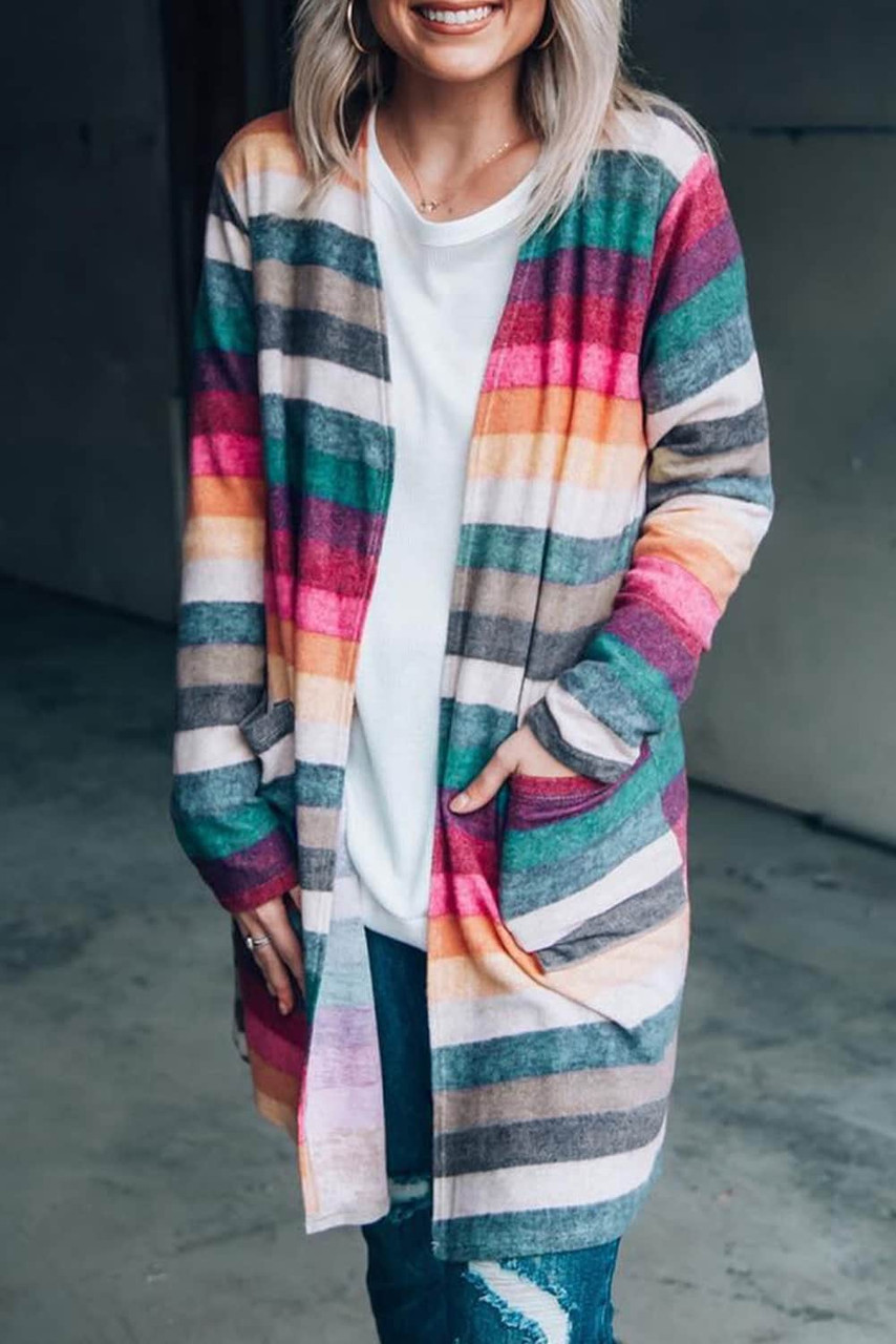 Multicolor Striped Print Long Sleeve Open Front Long Cardigan