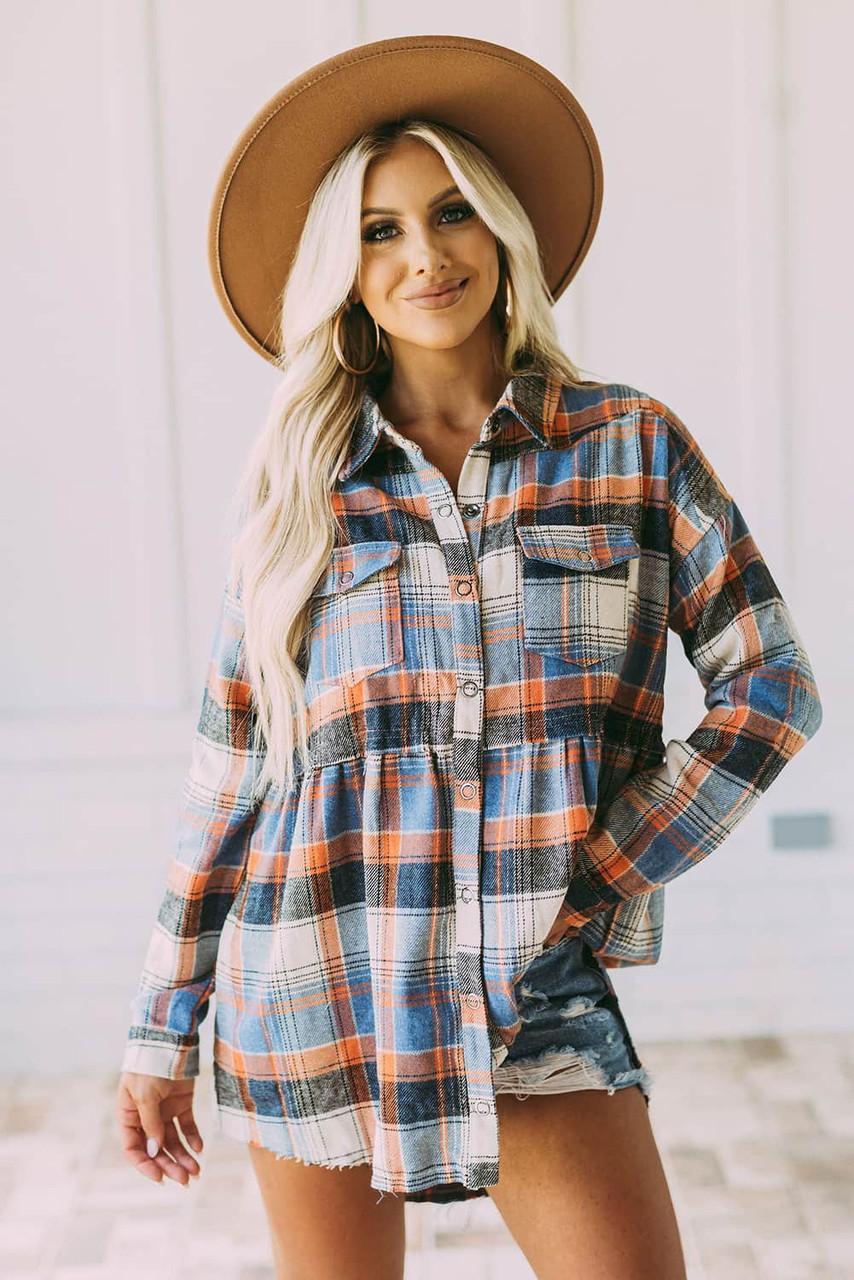 Multicolor Plaid Button Down Ruffled Shirt Jacket