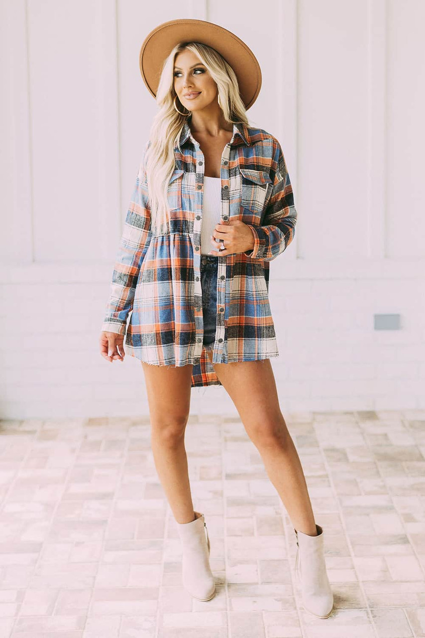 Multicolor Plaid Button Down Ruffled Shirt Jacket
