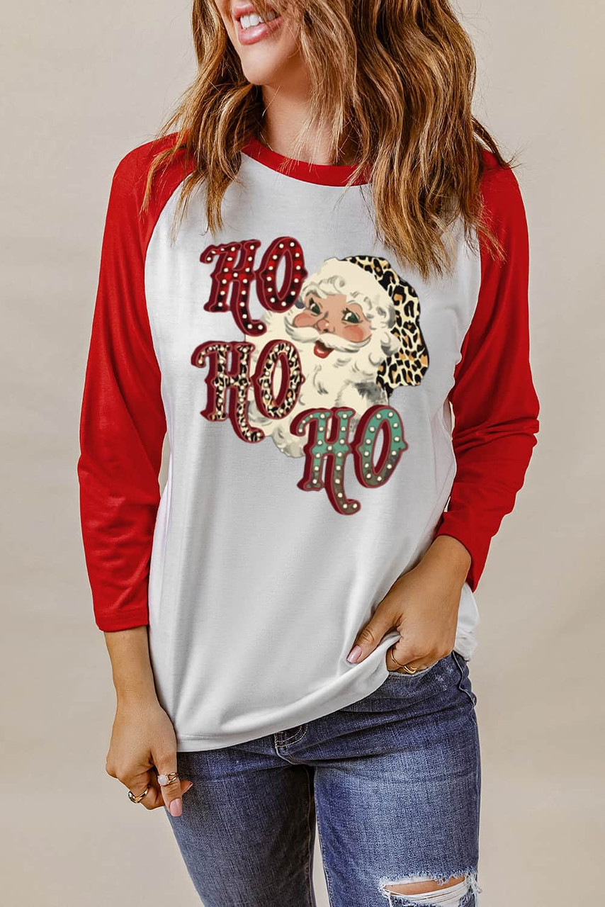 Red HO HO HO Santa Claus Graphic Print Color Block Top