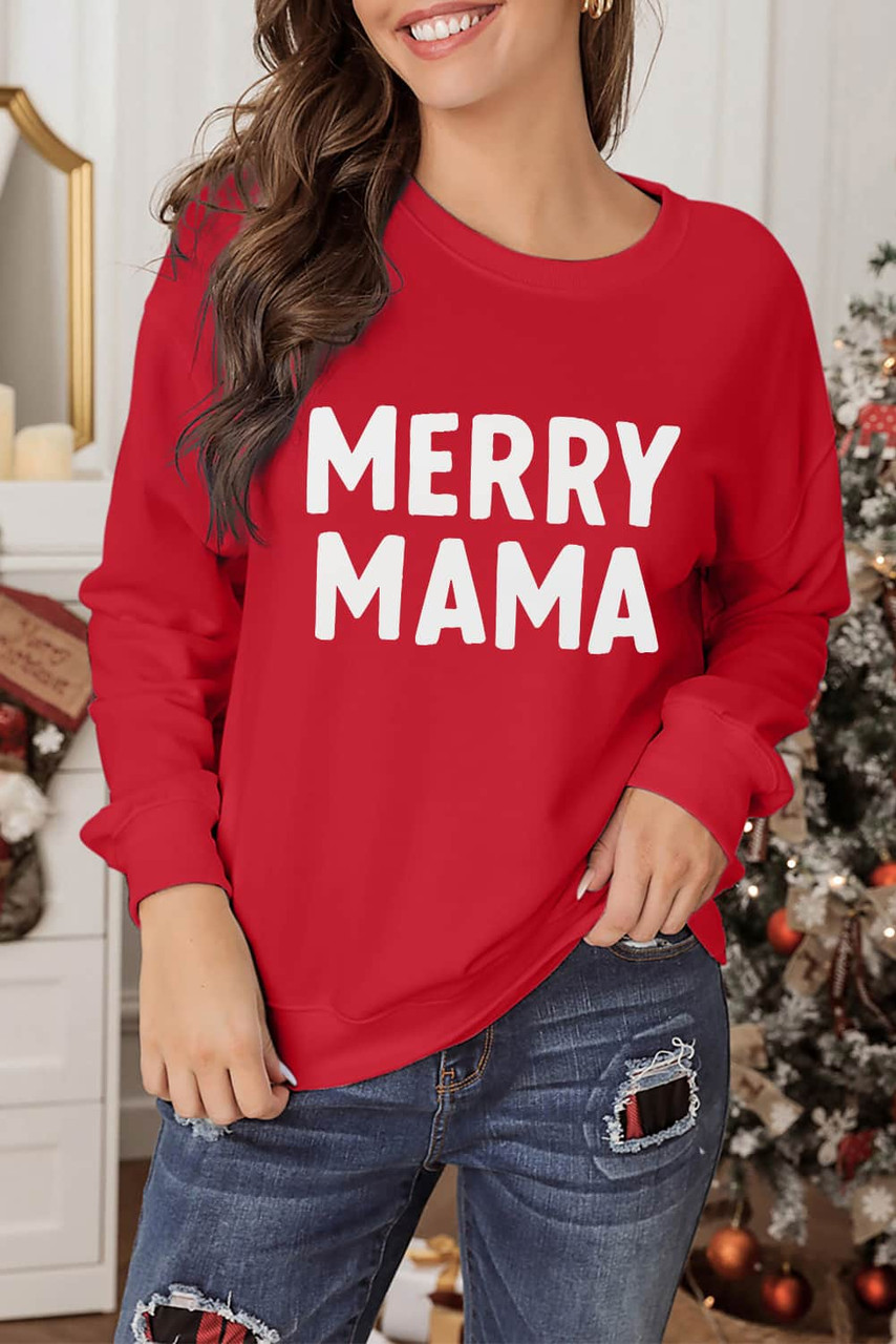 Red MERRY MAMA Long Sleeve Pullover Sweatshirt