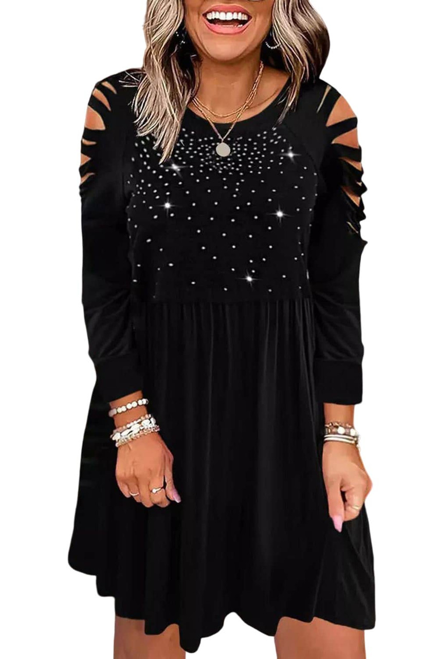 Black Rhinestone Ruffled Hollow Out Mini Dress