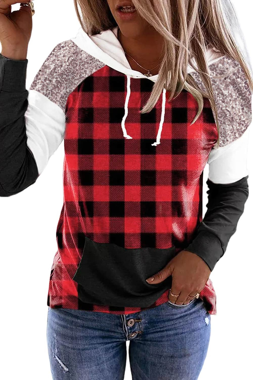 Red Sequined Splicing Plaid Kangaroo Pocket Hoodie