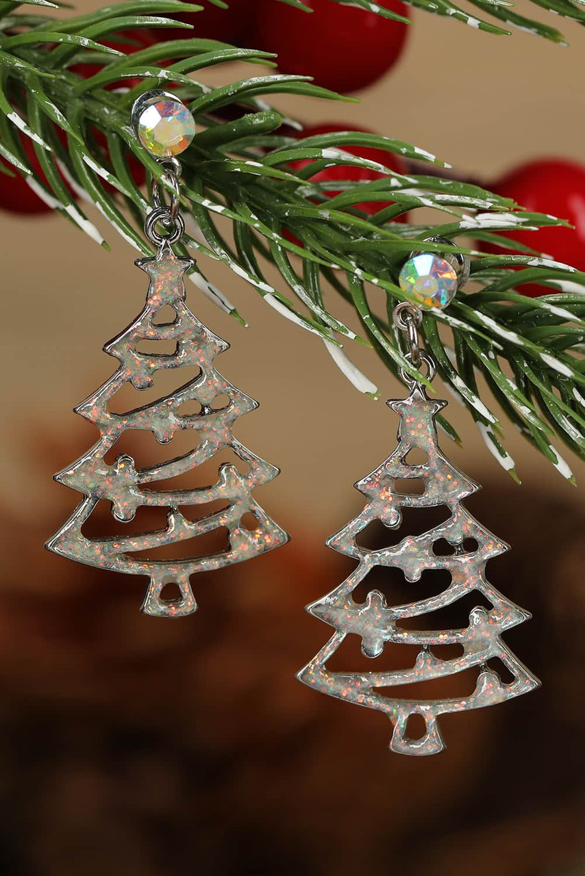 Silver Christmas Tree Dangle Earrings