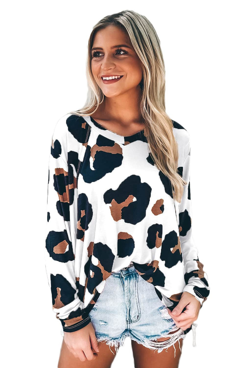 White Leopard Print Long Sleeve Loose Top