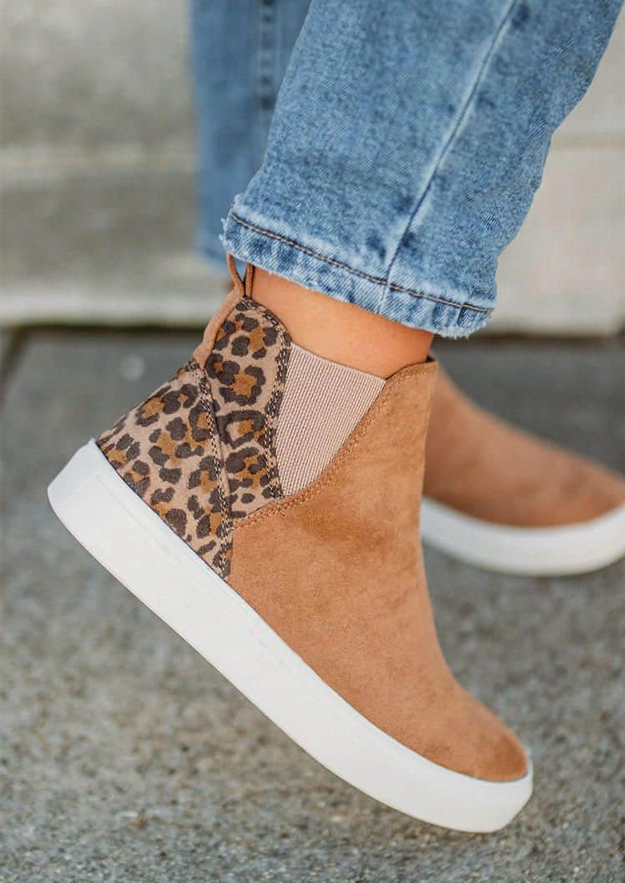 Brown Leopard Color Block Faux Suede Slip On Shoes