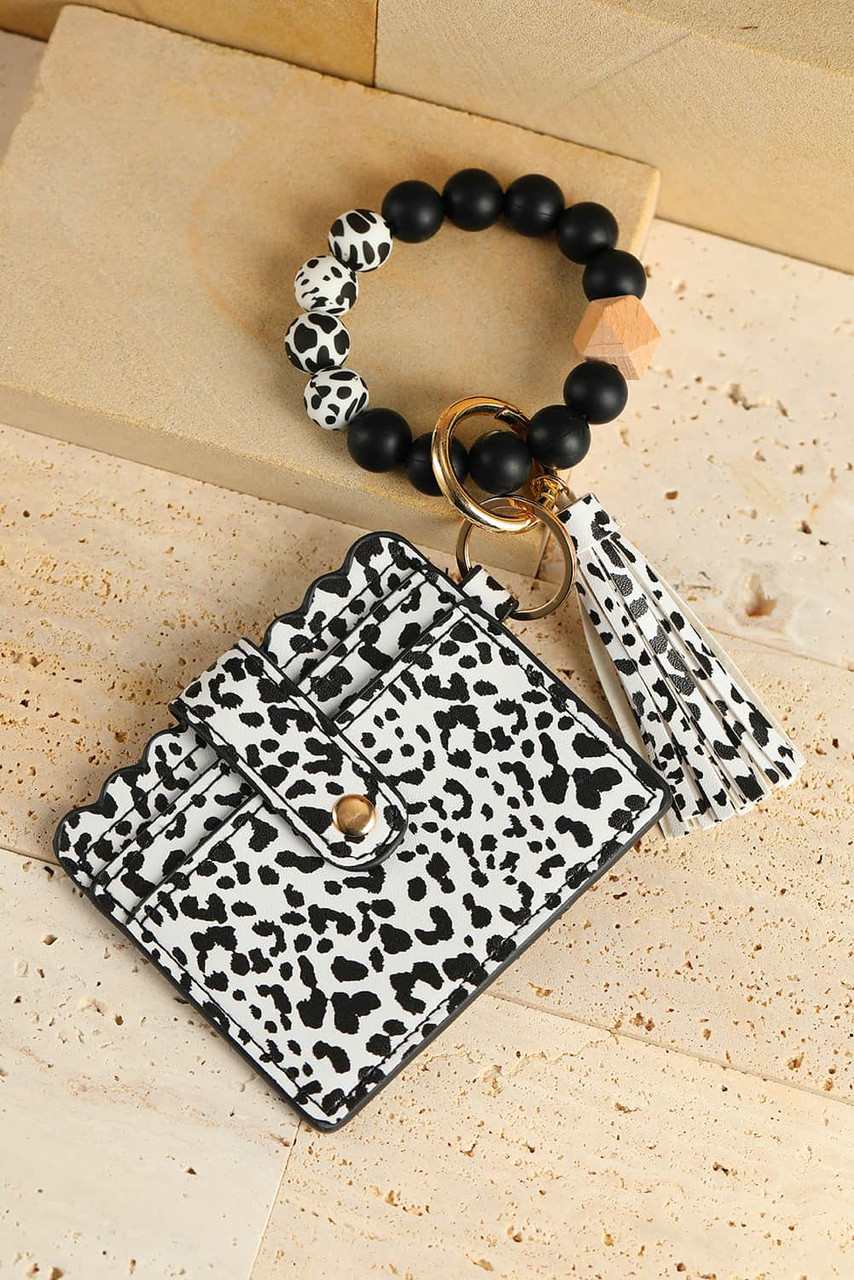 Black Silicone Bead Bracelet Key Buckle Leopard Card Holder