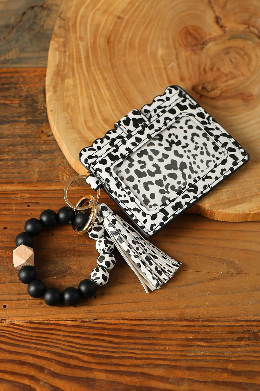 Black Silicone Bead Bracelet Key Buckle Leopard Card Holder