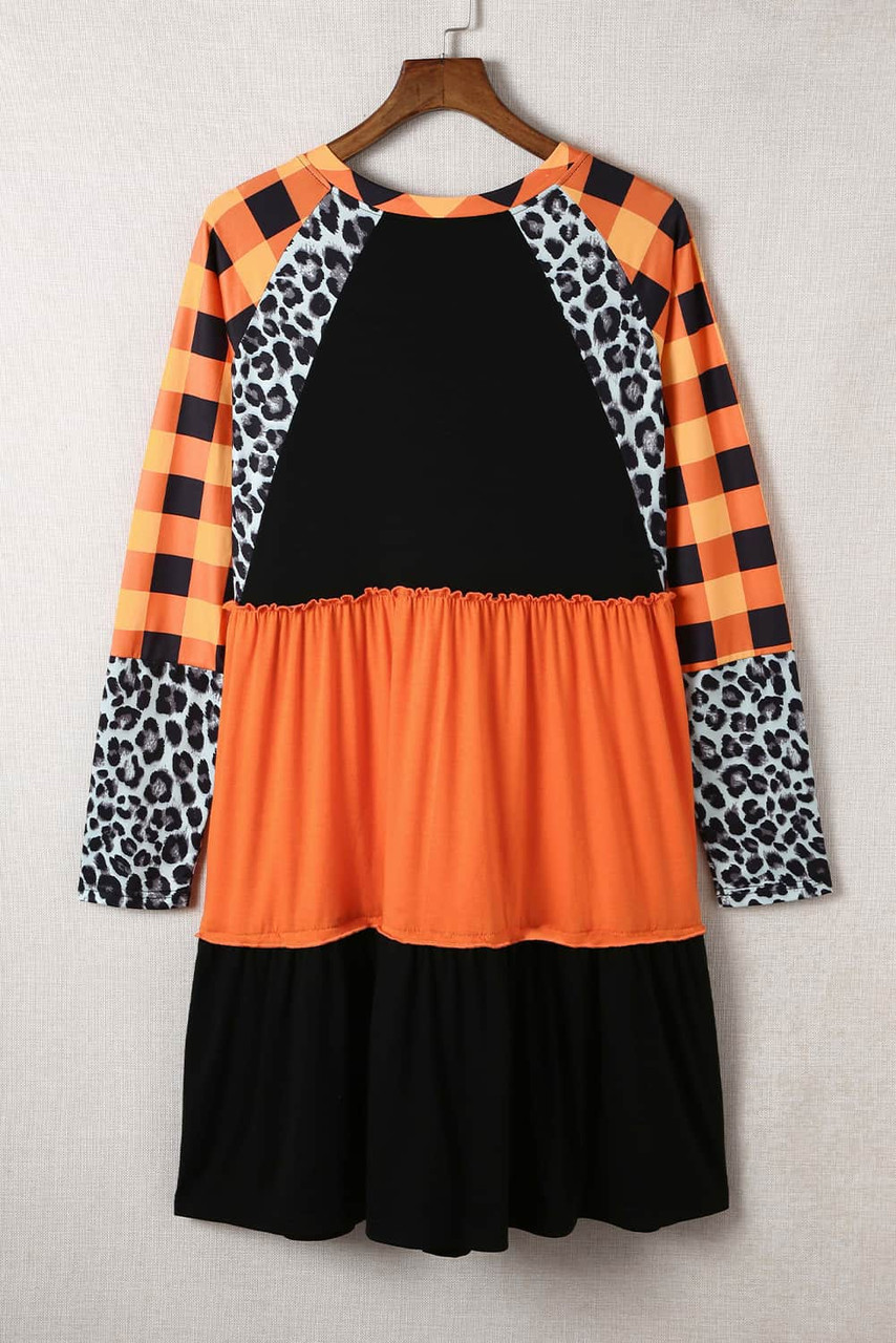 Orange Leopard Plaid Ruffled Long Sleeve Mini Dress