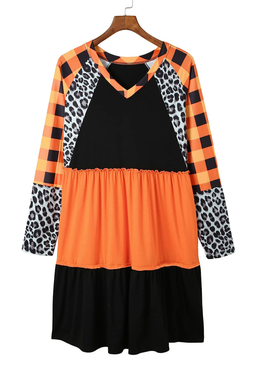 Orange Leopard Plaid Ruffled Long Sleeve Mini Dress