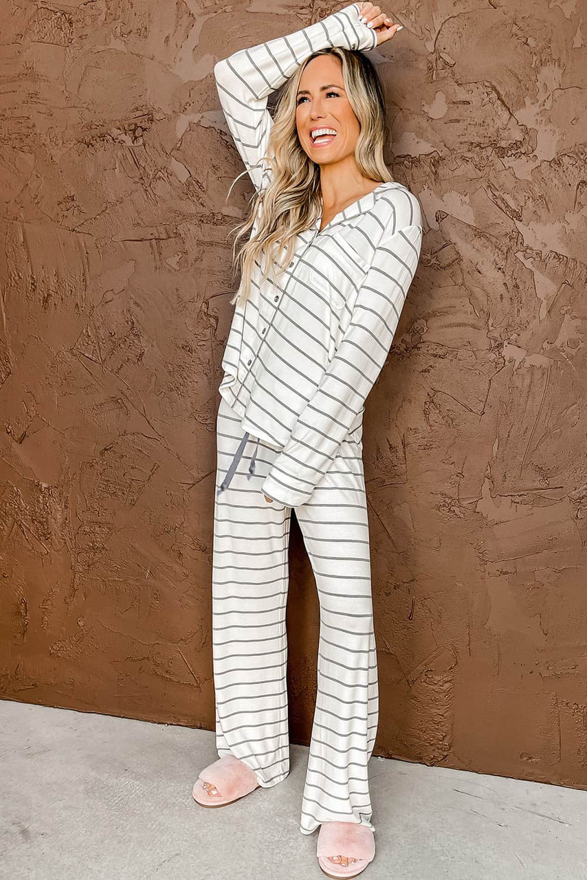 Striped Print Long Sleeve and Pants Pajamas Set