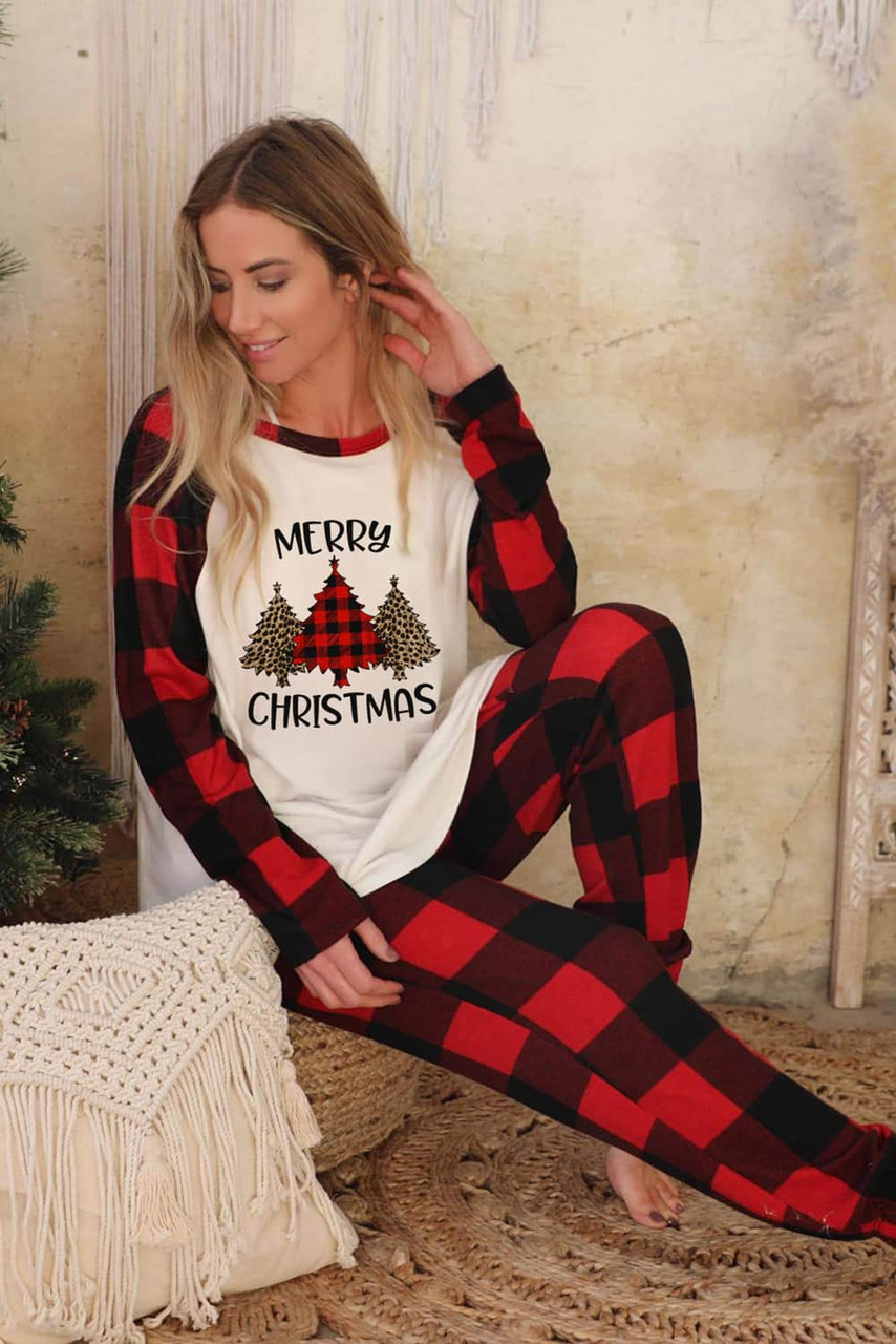 Red MERRY CHRISTMAS Trees Plaid Print Two Piece Lounge Set