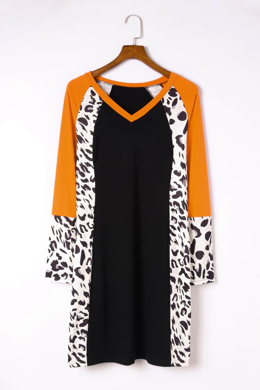Black Leopard Color Block V-Neck Mini Dress