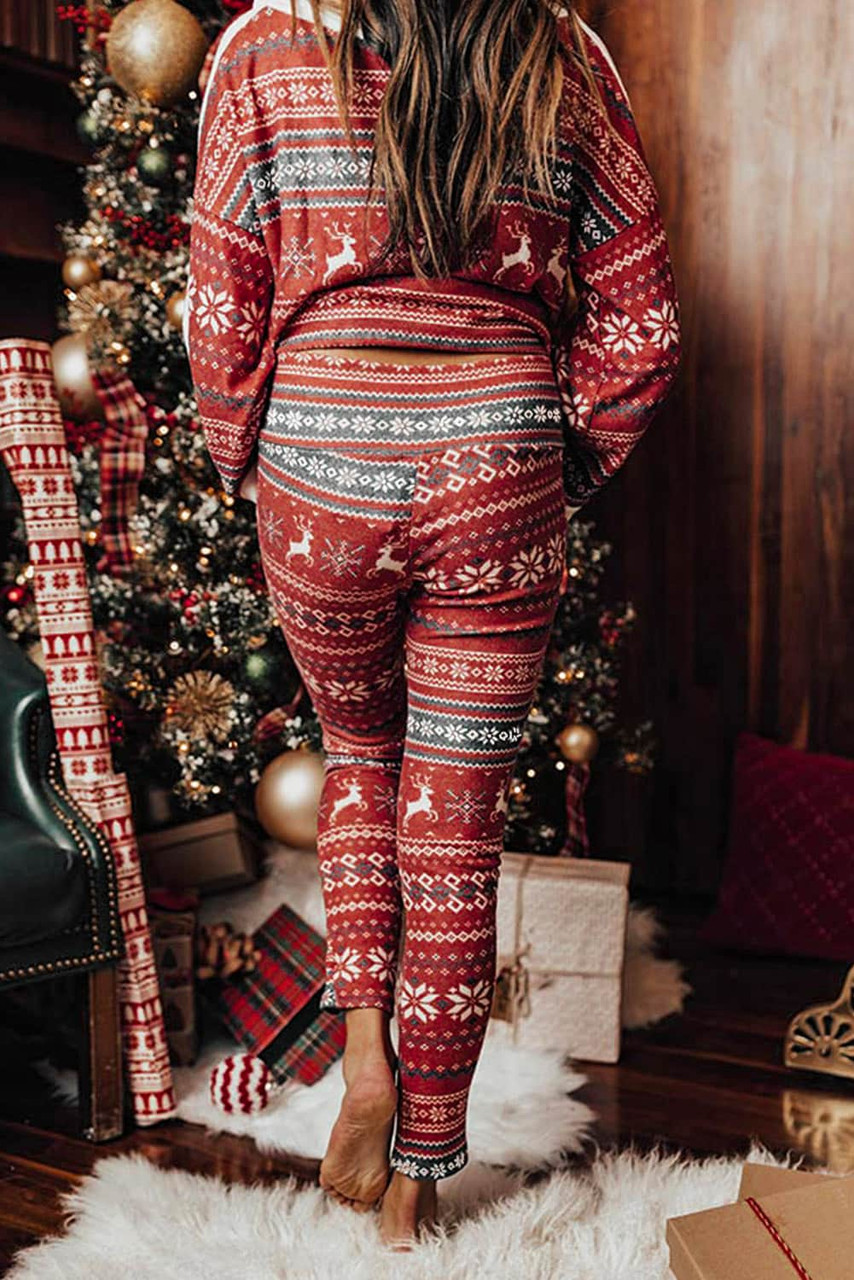 Red Reindeer Geometric Print Top and Skinny Pants Lounge Set