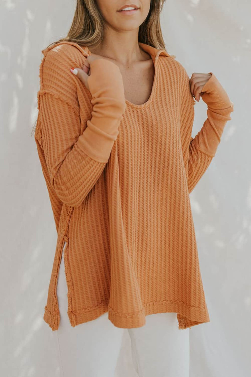 Orange Distressed Seam Trim Waffle Knit Top