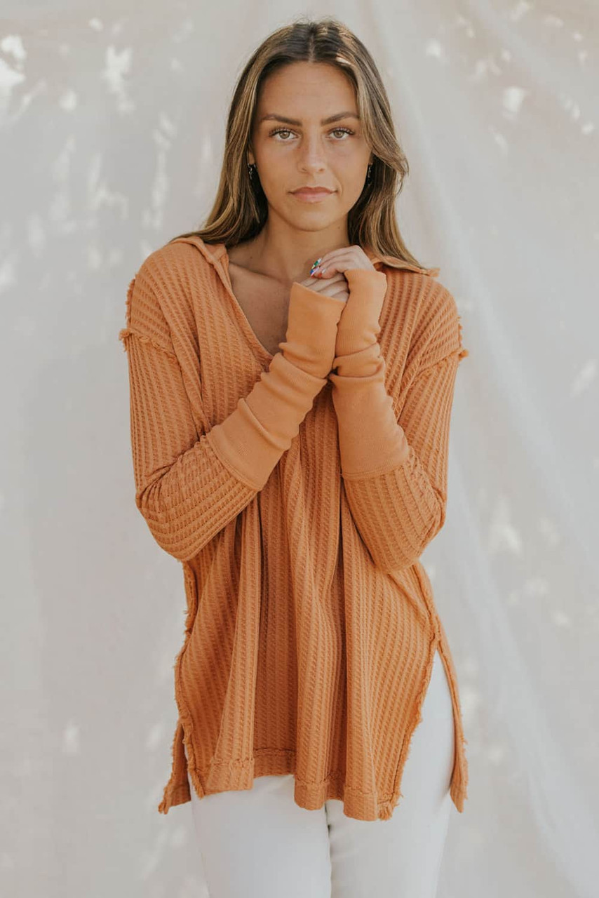 Orange Distressed Seam Trim Waffle Knit Top