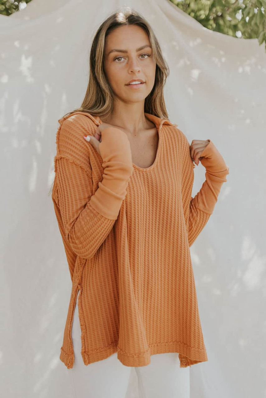 Orange Distressed Seam Trim Waffle Knit Top