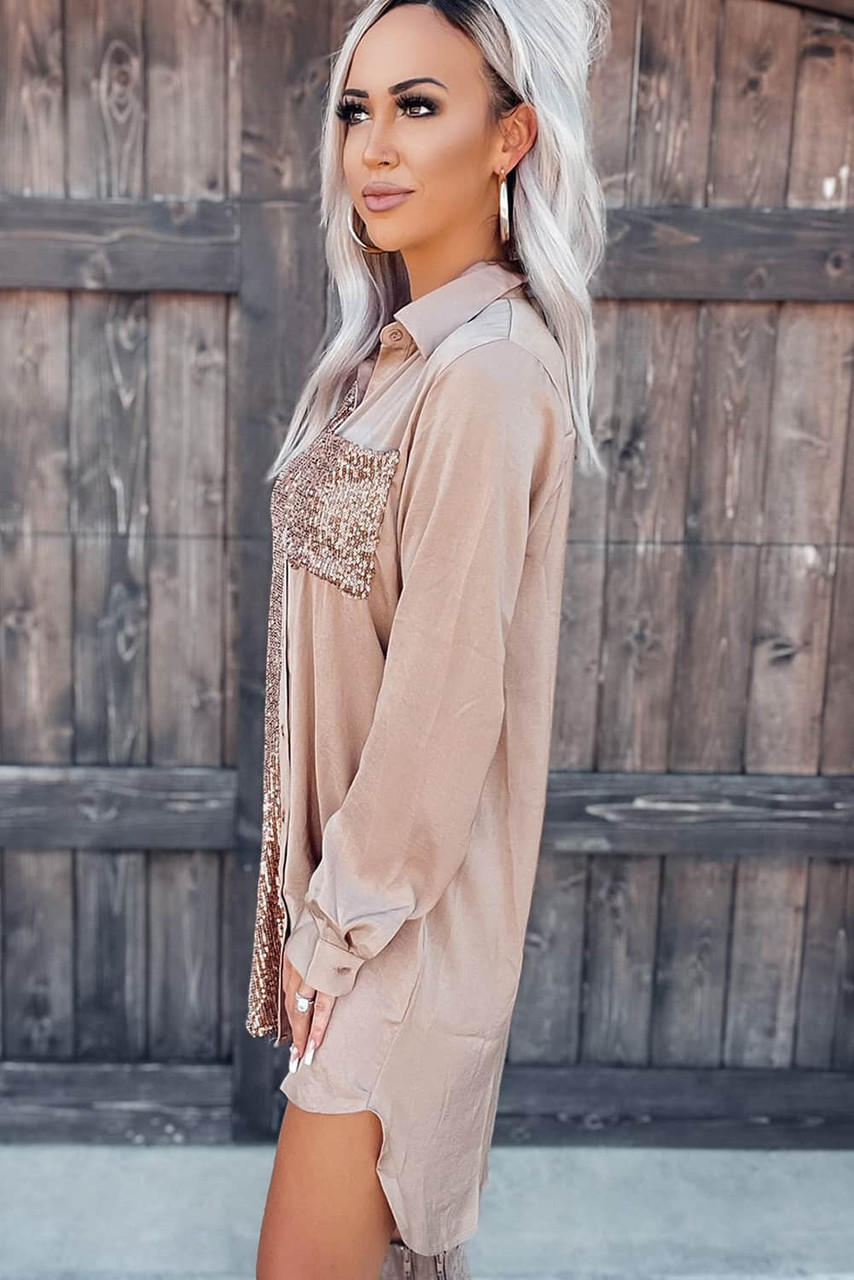 Khaki Sequin Splicing Pocket Buttoned Shirt Dress Khaki Sequin Splicing Pocket Buttoned Shirt Dress