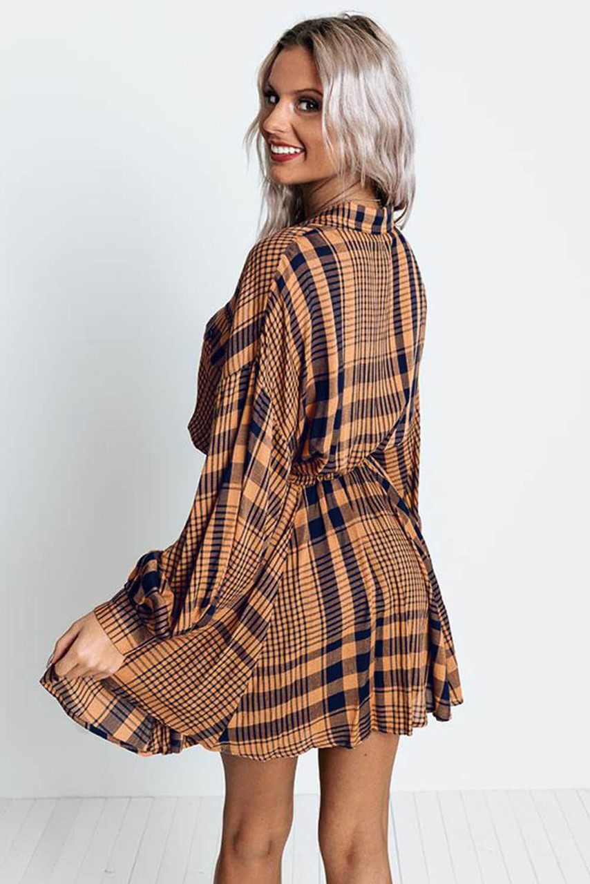 Orange Plaid Print Pocketed Drawstring High Waist Mini Dress