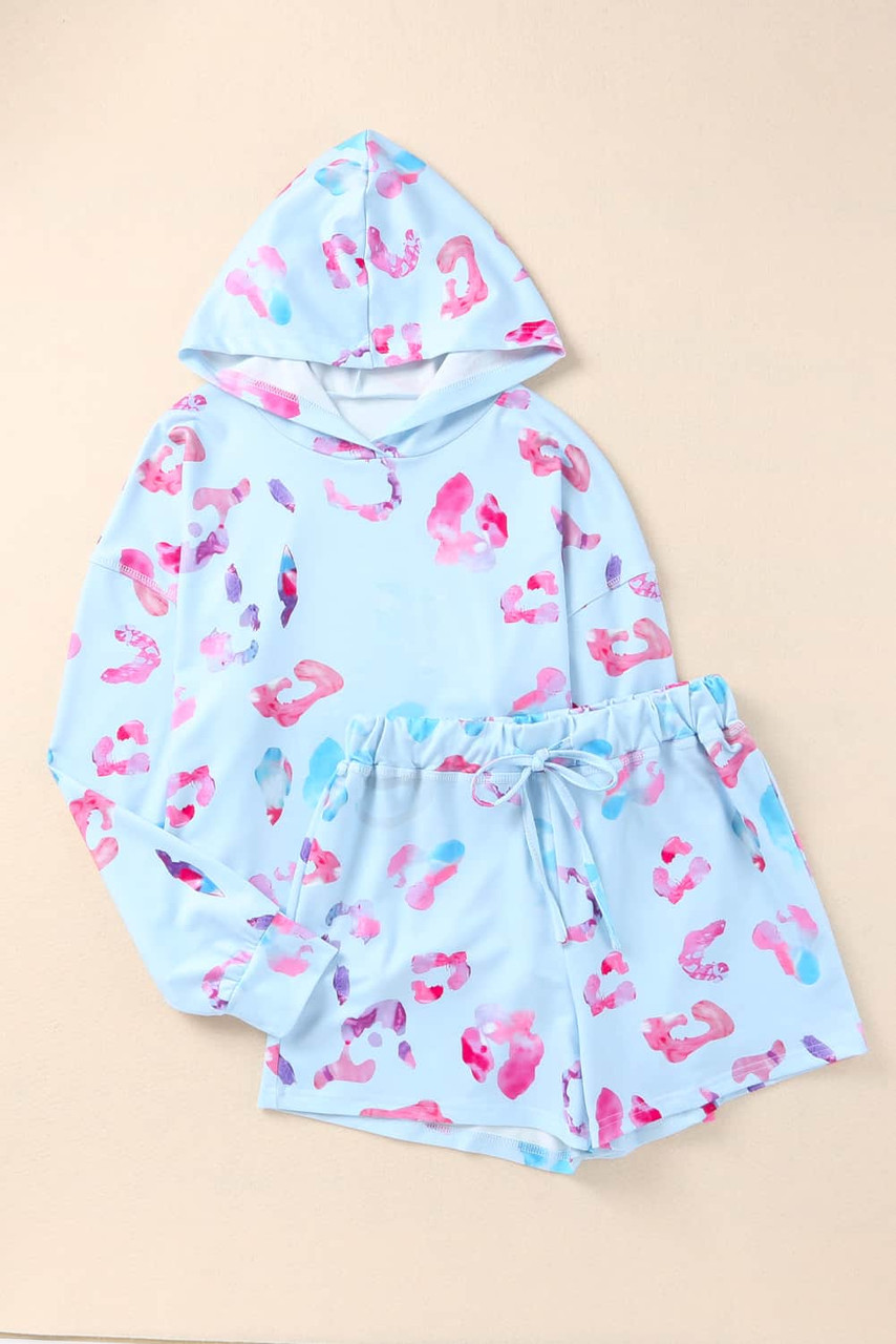 Sky Blue Leopard Print Hoodie and Shorts Set