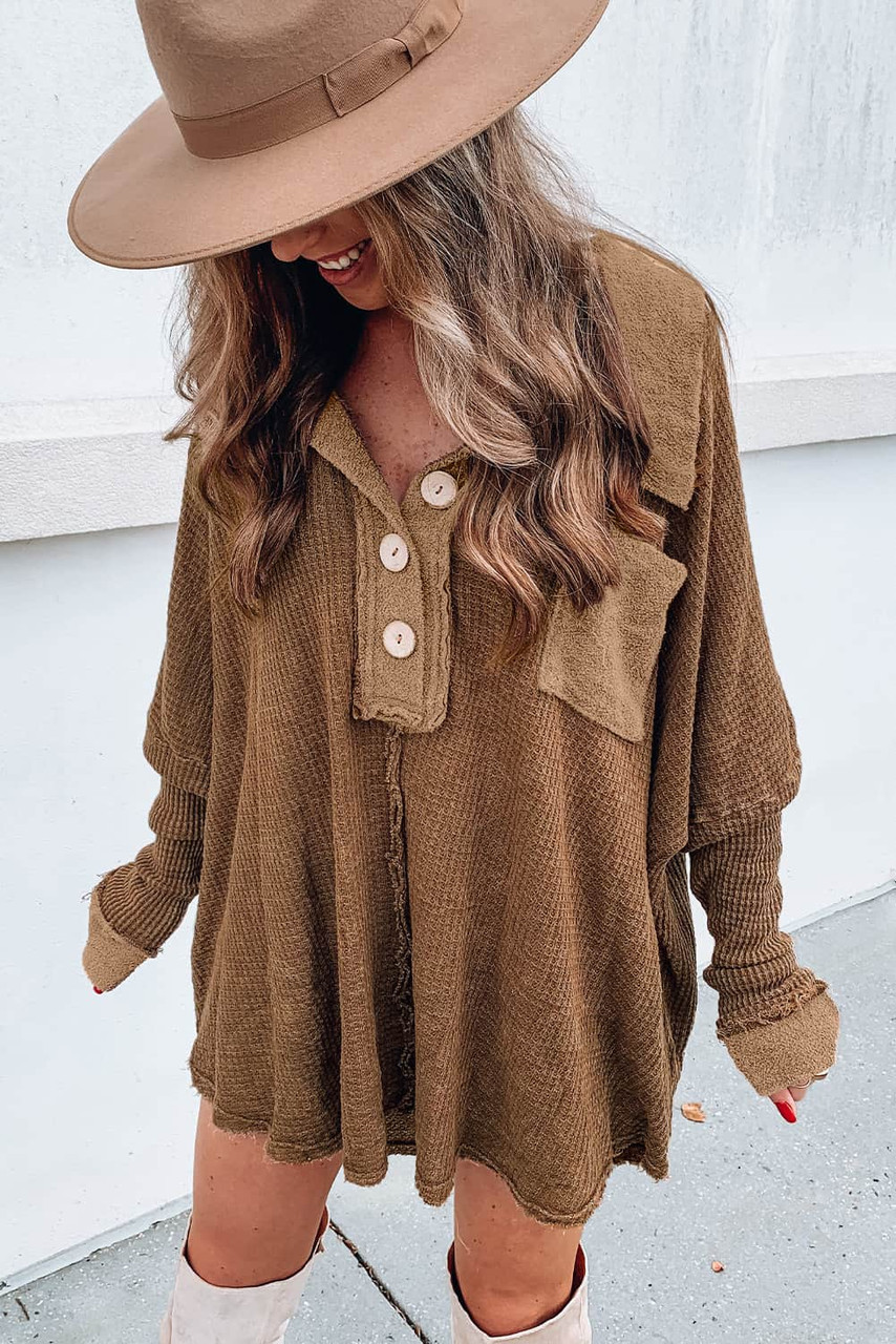 Brown Waffle Knit Buttoned Long Sleeve Top