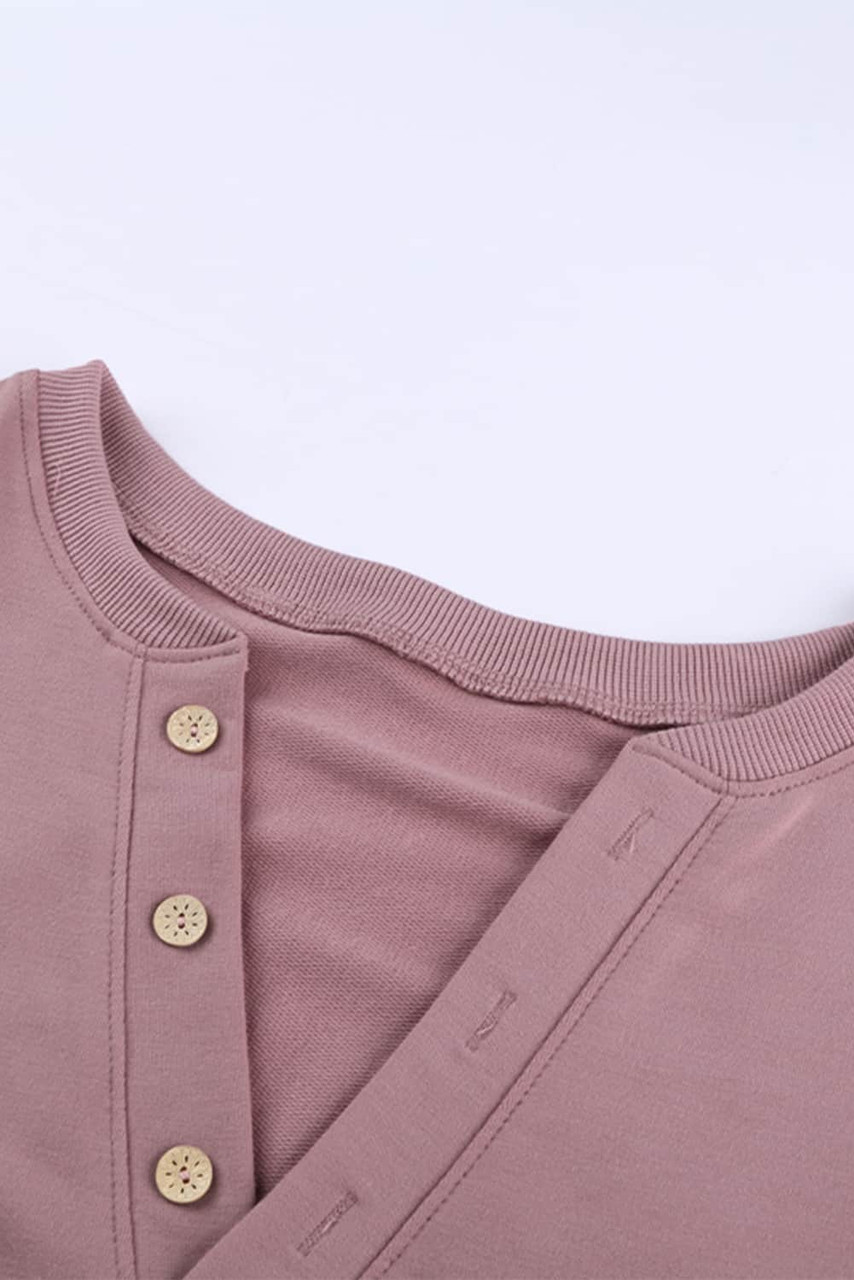 Pink Buttoned V Neck Cotton Loose Fit Top