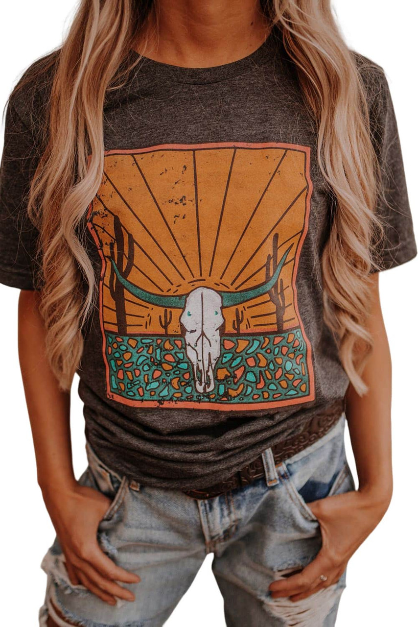 Gray Western Steer Skull Graphic Print Crew Neck T Shirt