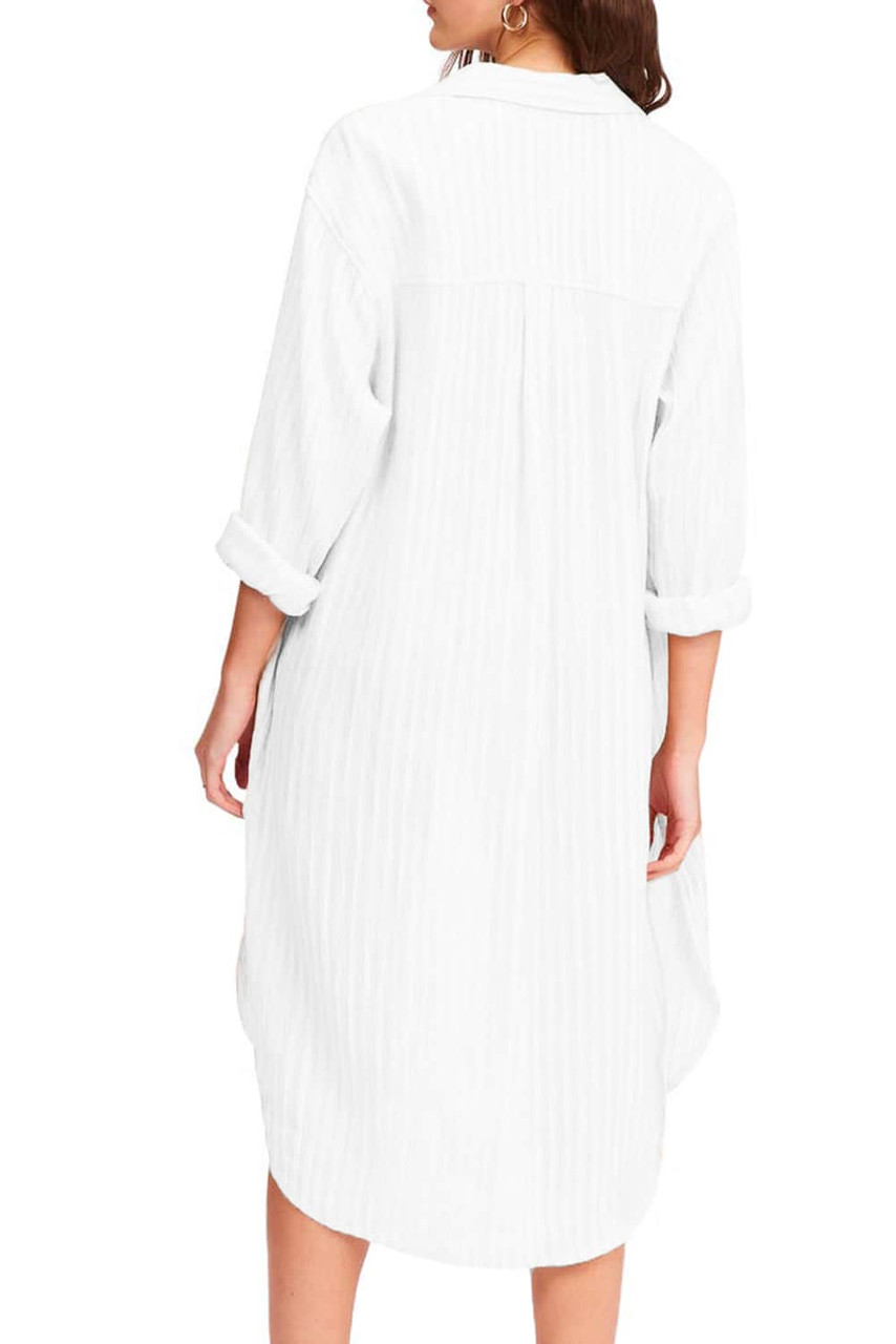 White Striped Crinkle Button Front Cover Up Shirt Dress