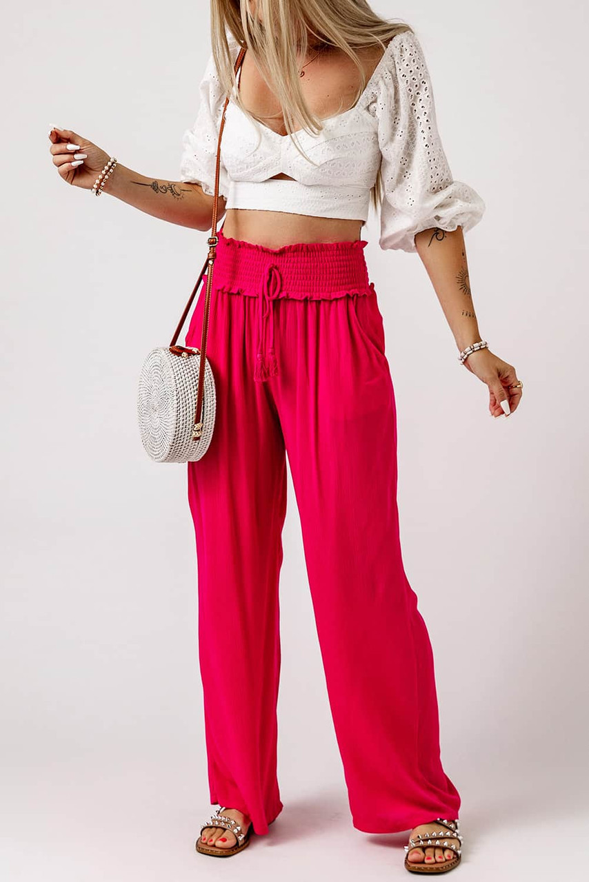 Rose Smocked Elastic Waist Wide Leg Pants