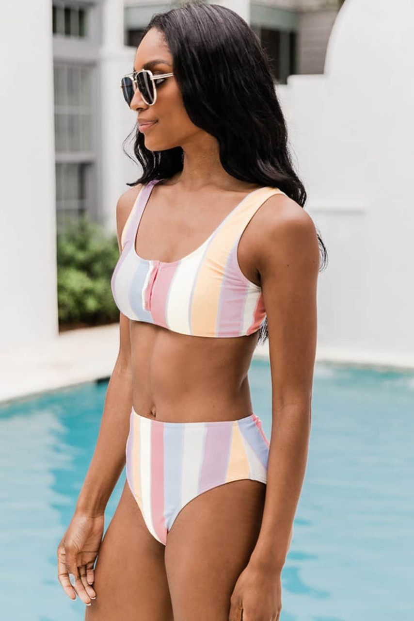 Snap Buttons Striped Print Two-piece Bikini