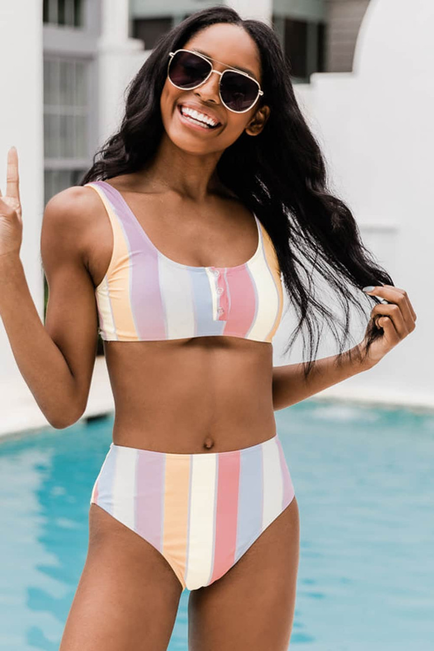 Snap Buttons Striped Print Two-piece Bikini