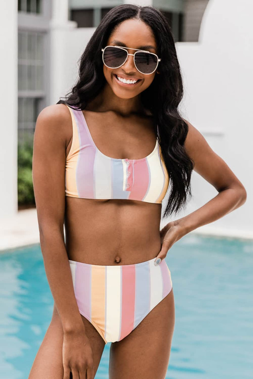 Snap Buttons Striped Print Two-piece Bikini