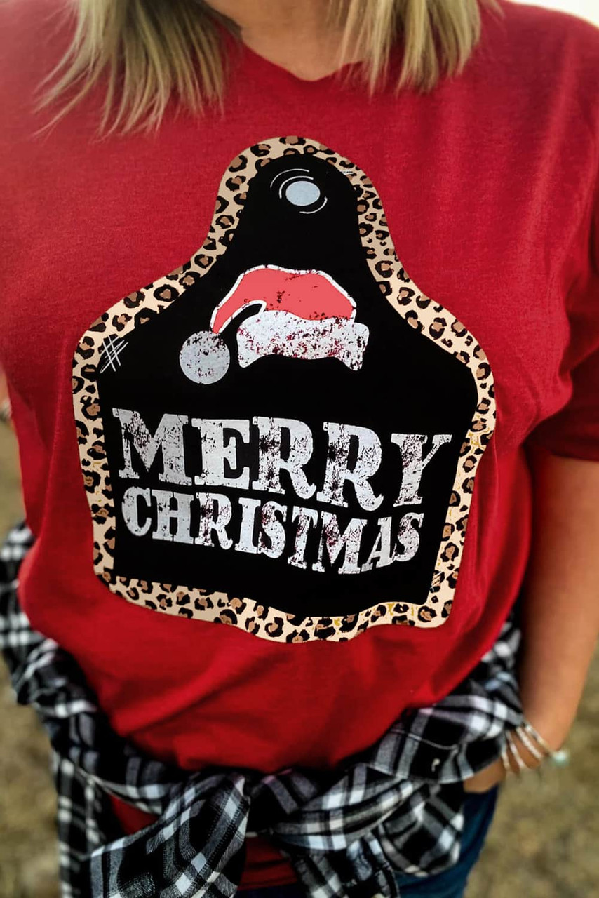 Red MERRY CHRISTMAS Leopard Frame Graphic Tee
